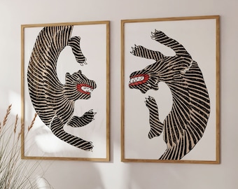Vintage Japanese Tiger Print Set, Japanese Wall Art, Vintage Home Decor, Woodblock Print, Animal Illustration, Taguchi Tomoki Design