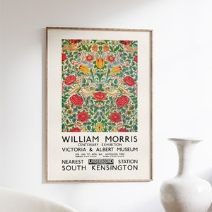 Impresión de rosas de William Morris, póster de exposición vintage, ilustración floral Art Nouveau, Victoria and Albert, arte mural de artes y oficios