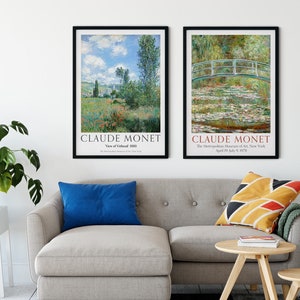 Claude Monet Print Set - Landscape Paintings, &#39;View of Vétheuil&#39; and &#39;Bridge Over a Pond of Water Lilies,&#39; Art Collection for Home Decor