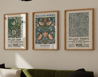 William Morris Print Set of 3 Exhibition Posters, Art Nouveau Floral Wallpaper Design, Strawberry Thief Illustration, Home Decor, Wall Art