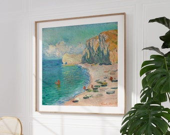 Claude Monet Square Art Print, Summer Beach Landscape Painting, Impressionist Painting, Blue and Yellow Printed Wall Art, Home Decor