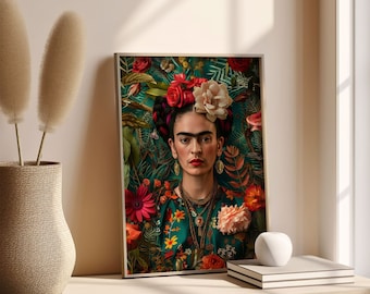 Frida Kahlo Portrait with Red Flowers in Her Hair, Feminist Art, Modern Mexican Home or Office Decor, Mid-Century Modern Wall Art Poster