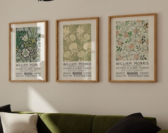William Morris Print Set, William Morris Exhibition Posters, Set of 3 Floral Prints, Green Floral Art Nouveau Prints, Home Decor, Wall Art