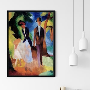 May include: A painting depicting three figures strolling through a park. The figures are dressed in colourful clothing and hats. The background is a vivid green and blue.