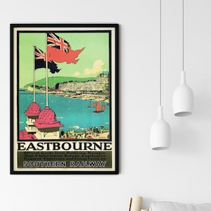Eastbourne Travel Poster, Travel England, Southern Railway Poster, Vintage Beach Illustration, Retro Home Decor, Wall Art