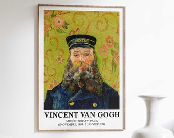 May include: A vintage poster featuring a painting of a man with a beard wearing a blue uniform and a navy blue cap with the word "POSTES" on it. The background is a green and yellow floral pattern. The poster includes the text "VINCENT VAN GOGH", "MUSÉE D'ORSAY, PARIS", and "6 NOVEMBRE, 1993-2 JANVIER, 1994".
