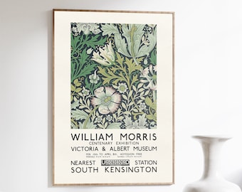 William Morris Print, Exhibition Poster, Vintage Art Nouveau Victoria & Albert Museum Poster, Green Flower Pattern, Home Decor, Wall Art