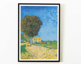 May include: A framed painting of a yellow house with a green tree in front of it. The house is surrounded by a field of yellow grass and blue sky.