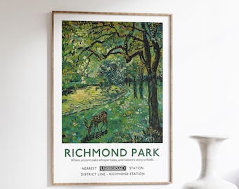 Plakat podróżniczy Richmond Park London - impresjonistyczny zielony krajobraz w stylu Van Gogha z jeleniem - dekoracja ścienna - kultowy wydruk parku | v4