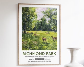 Plakat Richmond Park London – Impresjonistyczny zielony krajobraz z jeleniem – Dekoracja ścienna – Plakat ze słynnymi londyńskimi parkami – Sztuka ścienna w Londynie