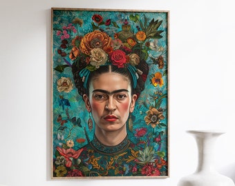 Portrait of Frida Kahlo with Flowers in Her Hair, Mexican Art, Modern Home or Office Decor, Mexican Wall Art, Mid-Century Modern Poster