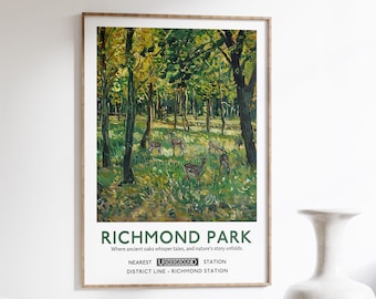 Plakat podróżniczy Richmond Park London - impresjonistyczny zielony krajobraz z jeleniem - dekoracja ścienna - kultowy wydruk parku - styl Van Gogha | v3