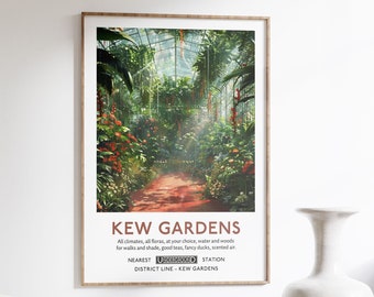 May include: A vintage-style poster advertising Kew Gardens, a botanical garden in London, England. The poster features a lush green greenhouse with a red brick path leading to the center. The text on the poster reads "Kew Gardens" and includes information about the nearest Underground station.