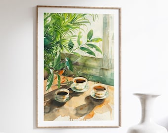 May include: Watercolor painting of three cups of coffee on saucers, set on a table with sunlight streaming through a window. Lush green plants are in the background, and the artwork is framed in a wooden frame.
