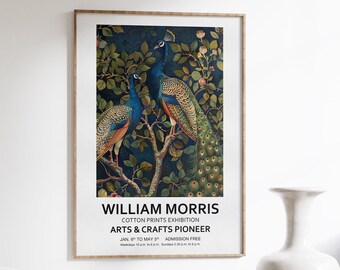 Lámina artística de pavo real de William Morris, pavos reales Art Nouveau en un árbol, decoración de pared vintage, ilustración de pájaro vintage