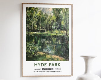 Hyde Park London Travel Poster - Impressionist Green Scenery Inspired by Claude Monet - Wall Art Decoration - Iconic Park Print | v2