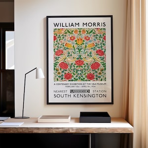 Impresión de William Morris: Rosa y pájaros, póster de la exposición del centenario del Art Nouveau, papel tapiz floral vintage, arte de pared con decoración de estilo rústico