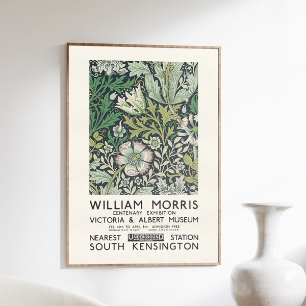 William Morris Print, Exhibition Poster, Vintage Art Nouveau Victoria & Albert Museum Poster, Green Flower Pattern, Home Decor, Wall Art