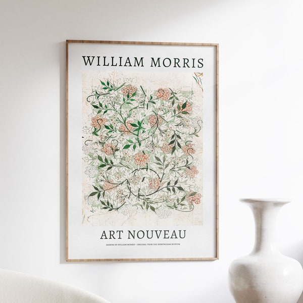 William Morris Jasmine Print, Art Nouveau Exhibition Poster, Flower Wallpaper, Green Floral Wall Art, Vintage Floral Home Decor