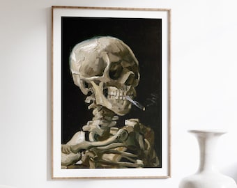 Vincent van Gogh Head of a Skeleton with a Cigarette Art Print, Wall Art, Skeleton Painting, Home Decor Poster, Dark Art Painting