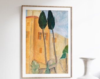 Modigliani Landscape Art Print, Cypresses and Houses at Cagnes, Exhibition Poster, Abstract Wall Art, Modern Landscape Painting
