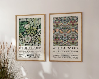 William Morris Print Set of 2 Art Posters, Strawberry Thief Exhibition Poster, Floral Art Prints Pattern, Art Nouveau Wall Art Home Decor