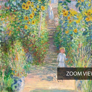 May include: A painting of a garden path lined with sunflowers and other flowers. A young girl in a white dress walks up the path. The painting is done in a loose, impressionistic style.