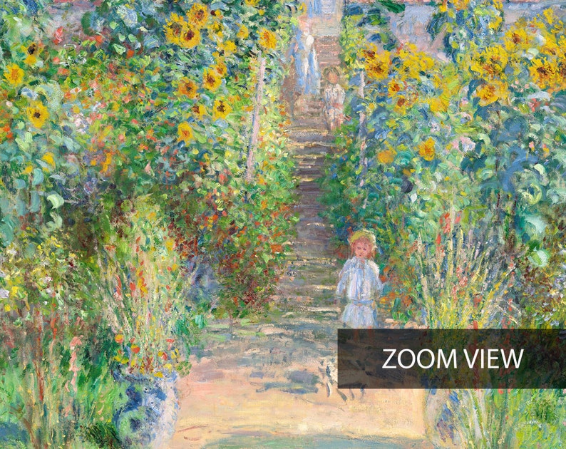 May include: A painting of a garden path lined with sunflowers and other flowers. A young girl in a white dress walks up the path. The painting is done in a loose, impressionistic style.