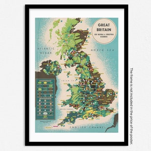 Carte de la Grande-Bretagne, carte pédagogique, ressources naturelles et industrielles, atlas de l'Angleterre, reproduction d'impression, art mural, décoration d'intérieur