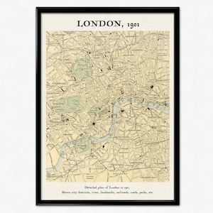 Mapa antiguo de Londres en 1901, mapa cartográfico antiguo, impresión de reproducción, Inglaterra, plano detallado de Londres en color, decoración del hogar