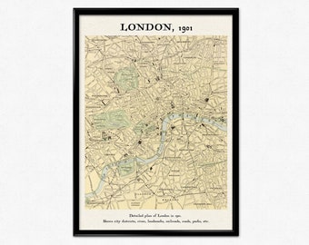 Vintage Map of London in 1901, Vintage Cartographic Map, Reproduction Print, England, Detailed Plan of London in Colour, Home Decor