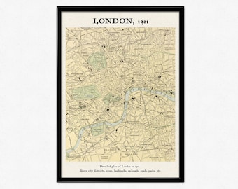 Vintage Map of London in 1901, Vintage Cartographic Map, Reproduction Print, England, Detailed Plan of London in Colour, Home Decor