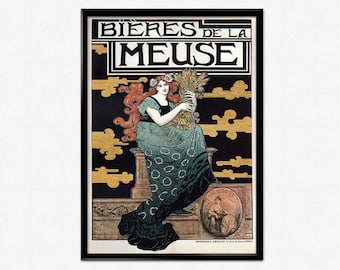 Vintage Bierwerbeplakat, Bieres de la Meuse Klassischer Getränkewerbedruck im Jugendstil, Alphonse Mucha Gemälde