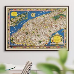 Carte vintage de Manhattan, Carte picturale haute résolution de New York, Ancienne carte USA, Gravure murale du milieu du siècle