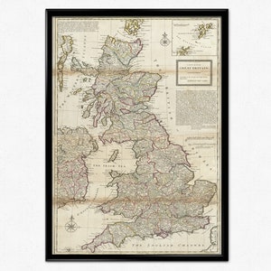Carte de la Grande-Bretagne, reproduction haute résolution d'une carte vintage de 1720, Angleterre, Écosse, Pays de Galles, géographie, décoration d'intérieur, art mural