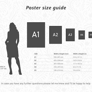 May include: Poster size guide with a silhouette of a person standing next to a chart showing the dimensions of different poster sizes in millimeters and inches. The sizes are A1, A2, A3, A4, and A5.