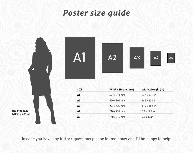 May include: Poster size guide with a silhouette of a person standing next to a chart showing the dimensions of different poster sizes in millimeters and inches. The sizes are A1, A2, A3, A4, and A5.