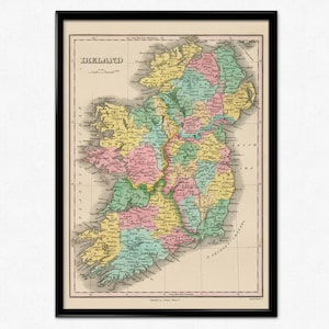 Carte de l'Irlande, reproduction haute résolution d'une carte vintage de 1827, Atlas d'Irlande, géographie, histoire, décoration d'intérieur, art mural