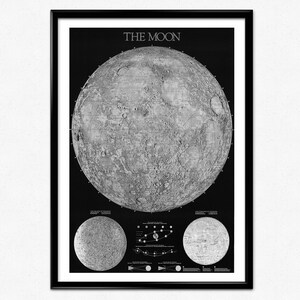 Mond Poster, Karte des Mondes schwarz weiß Druck, Mondphasen, Weltraum, Celestial, Astronomie, Wohnkultur, Wand Kunst