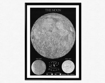 Moon Poster, Map of the Moon Black and White Print, Moon Phases, Space, Celestial, Astronomy, Home Decor, Wall Art