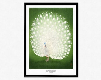 Póster vintage de pavo real de Ohara Koson, impresión de pavo real, ilustración vintage de animales, xilografía japonesa, arte japonés vintage, decoración del hogar
