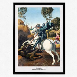 Puede incluir: Una pintura de Rafael titulada "San Jorge y el Dragón" representa a un caballero a caballo blanco matando a un dragón con una lanza. Una mujer con un vestido rojo observa desde el fondo.
