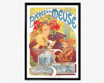 Bieres de la Meuse Poster by Alphonse Mucha, Art Print, Drink Advertisement, Art Nouveau, Vintage Illustration, Retro, Home Decor, Wall Art
