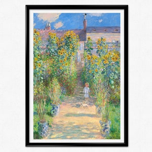 May include: A painting of a garden path lined with sunflowers, a child in a white dress walks down the path with a small dog. The garden is surrounded by a brick wall and a blue sky.