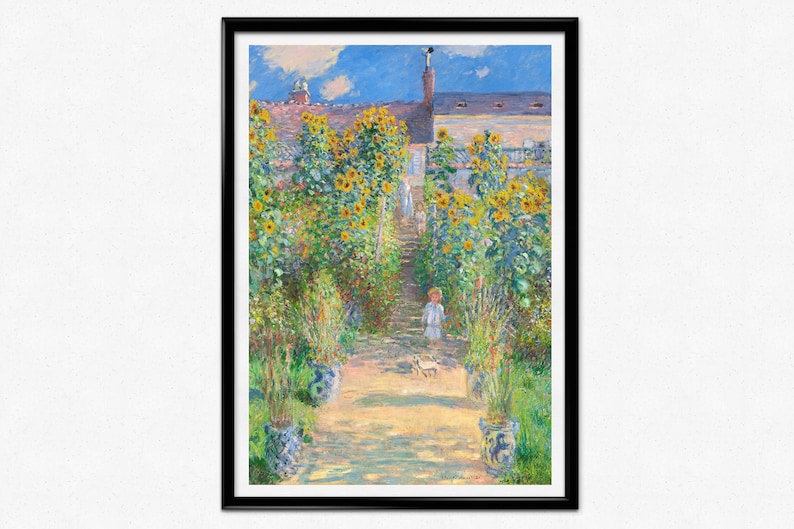 May include: A painting of a garden path lined with sunflowers, a child in a white dress walks down the path with a small dog. The garden is surrounded by a brick wall and a blue sky.
