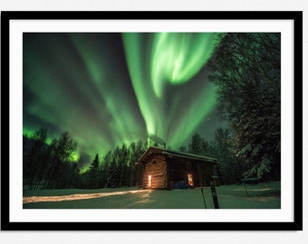 Aurora Borealis Poster, Northern Lights Art Print, Winter Forest Landscape with Night Sky and Stars, Home Decor, Wall Art