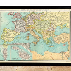 Affiche imprimée de carte de l'Europe, impression de Reproduction haute résolution d'atlas de l'Europe centrale, vieille Europe carte géographie histoire décoration d'intérieur, art mural