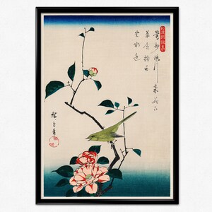 Hiroshige Kamelia och Näktergal, Utagawa Hiroshige Tryck, Japanskt Träsnitt, Japansk Konst, Blomma, Orientalisk Konst, Heminredning
