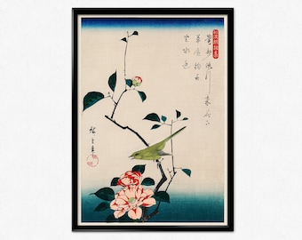 Hiroshige Camellia and Nightingale, Utagawa Hiroshige Print, Japanese Woodblock Print,  Japanese Art, Flower, Oriental Art, Home Decor