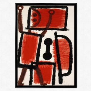 Puede incluir: Pintura abstracta con líneas negras audaces y formas rojas sobre un fondo blanco. La pintura presenta una gran forma de ojo de cerradura negra en el centro.